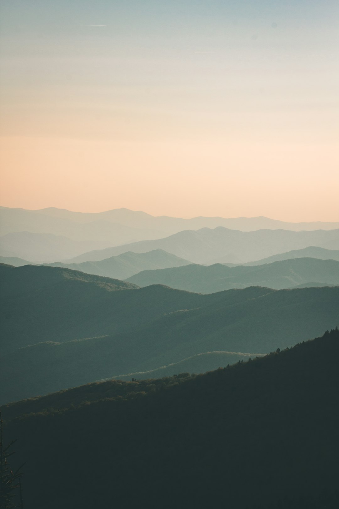 minimalistic, vast mountainscape with subtle color gradients and soft lighting in muted tones create a serene atmosphere. The view from the top of Great Smoky Mountains National Park at sunrise shows a silhouette of the blue ridge mountain in the background with no clouds or sky. A peaceful and tranquil mood comes from the wide angle shot and simple yet elegant composition that focuses on the natural beauty and serenity. –ar 85:128