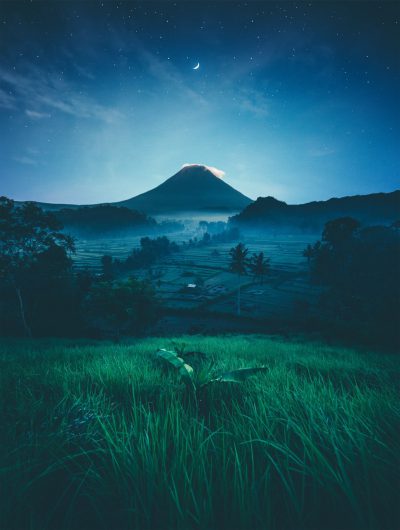 In the foreground is an endless rice field, with mountains in the distance and a volcanic mountain peak. At night in Bali, a starry sky and green grassland are softly lit by moonlight, creating a dreamy atmosphere. In front lies some bones of fallen animals, adding to the mystery. The photo adopts a wide-angle lens, presenting a high-definition photographic style. Bright colors add vitality in the style of photography. --ar 3:4