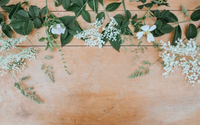 wooden table with elderflower and baby's breath floral garland on the edges, flat lay photography, top view. The table has a garland of elderflower and baby's breath around the edges in the style of flat lay photography from above. --ar 8:5