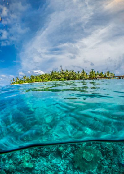 A photo of the water in Maldives taken from under it. You can see an island with palm trees and a blue sky in the background. Underwater photography, shot on Canon EOS R5 in the style of the photographer. --ar 91:128