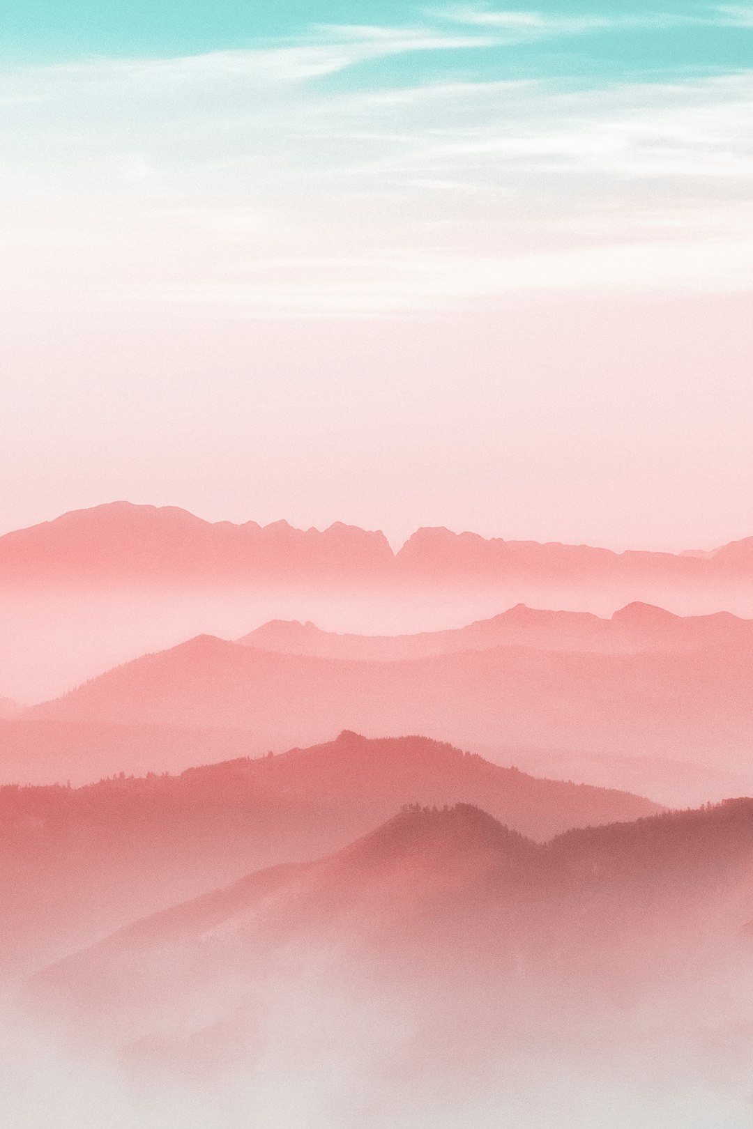 minimalist foggy mountain landscape with a soft pink and teal gradient sky and a flat horizon line. A high resolution, high definition image with sharp focus and depth of field, shot on a Canon EOS R5 at F2, ISO400 and 36mm. A luxury landscape wallpaper in the style of minimalism. –ar 85:128