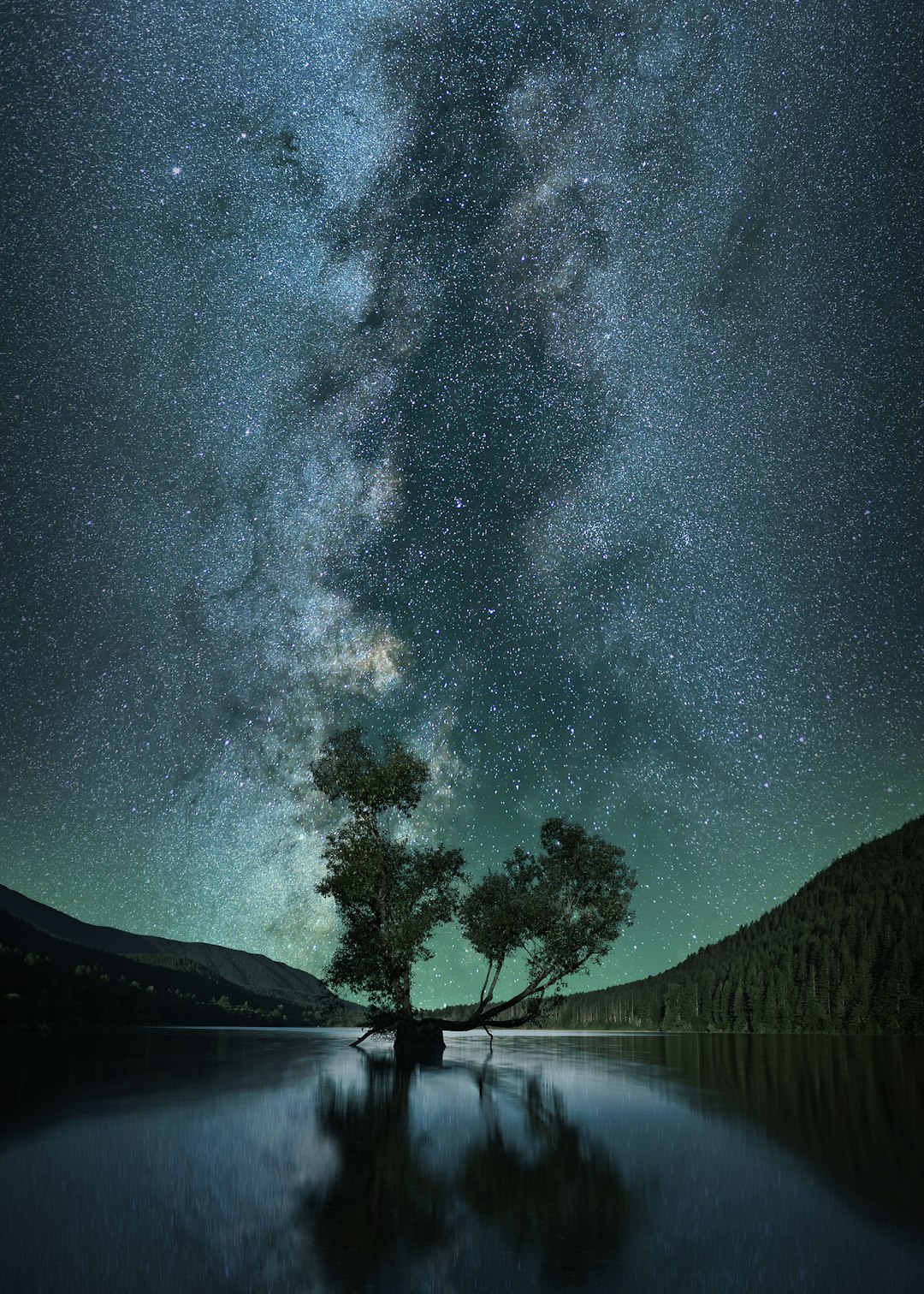 The starry sky is reflected on the lake, with an ancient tree growing in it and surrounded by mountains under its feet. The Milky Way hangs high above the night scene, creating a mysterious atmosphere of tranquility. Understated colors create a sense of mystery, while the dark green color scheme adds depth to the overall composition. High definition photography style, wideangle lens perspective, reflection effect on water surface, night shooting lighting effects. in the style of night photography. –ar 91:128