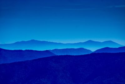 The silhouette of the Blue ridge mountains in an all blue gradient, shot on Leica M6 with f/2 lens --ar 128:85