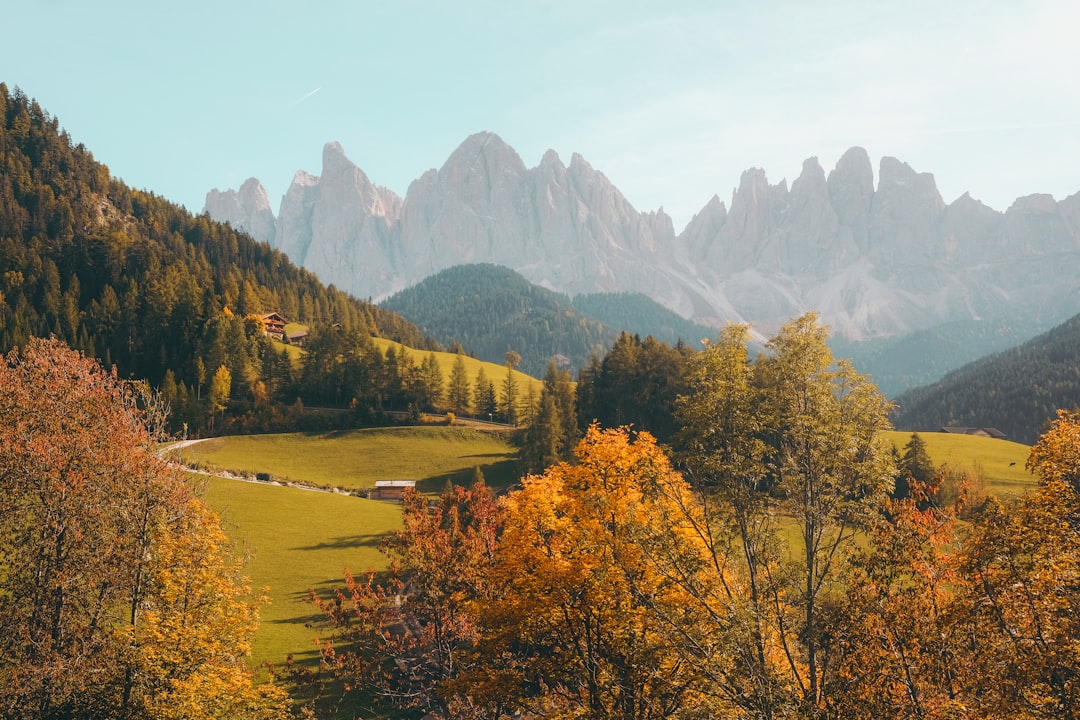 cinematic photo of the Dolomites in Italy, green and yellow trees with mountains behind, autumn colors, clear sky, bright colors, sunny day, cinematic –ar 128:85