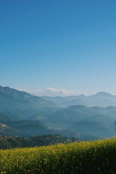 Beautiful view of the Himalayas from Kibikche in bridegarden, with a bright blue sky, yellow rapeseed flowers, and green mountains. The image has clear and sharp focus, super resolution, super quality, super detail, and super depth of field and fog. Shot with a Nikon d850 camera and nikon AFS NIKKOR 24-70mm f/2.6E ED VR lens, in the style of Chinese landscape painting. --ar 85:128