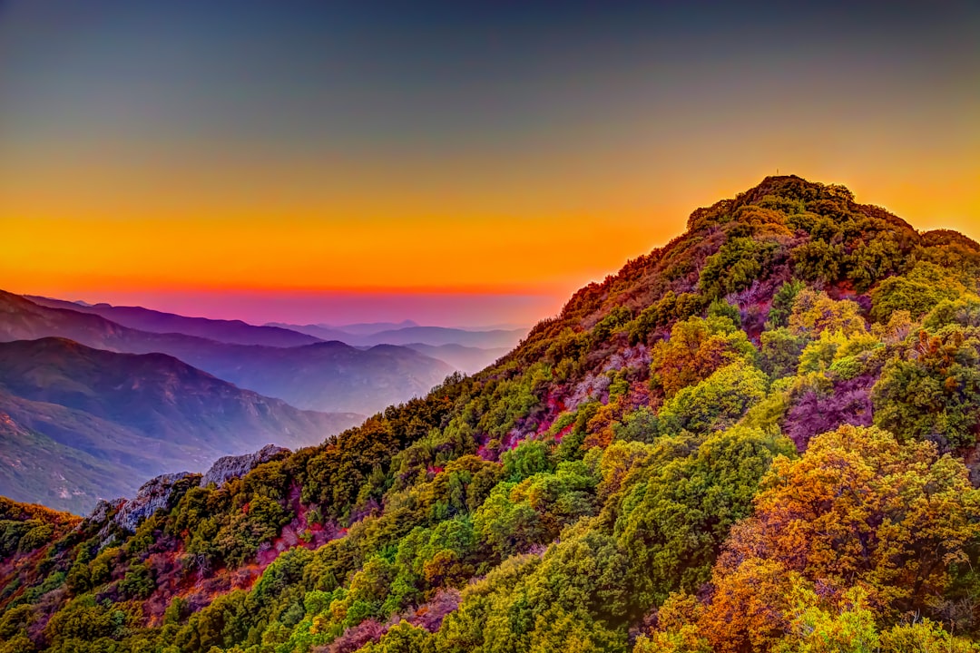 Colorful mountain landscape at sunrise in the style of J PCs of D&D, with colorful foliage on hills and mountains, a beautiful sky above. The scene is a view from atop Mount O, with high resolution photography, award winning photos, professional color grading, soft shadows, no contrast, and sharp focus in the digital photography style. –ar 128:85