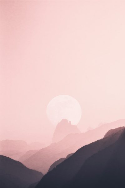 minimalist illustration of the moon setting behind mountains, soft pink sky, monochromatic --ar 85:128