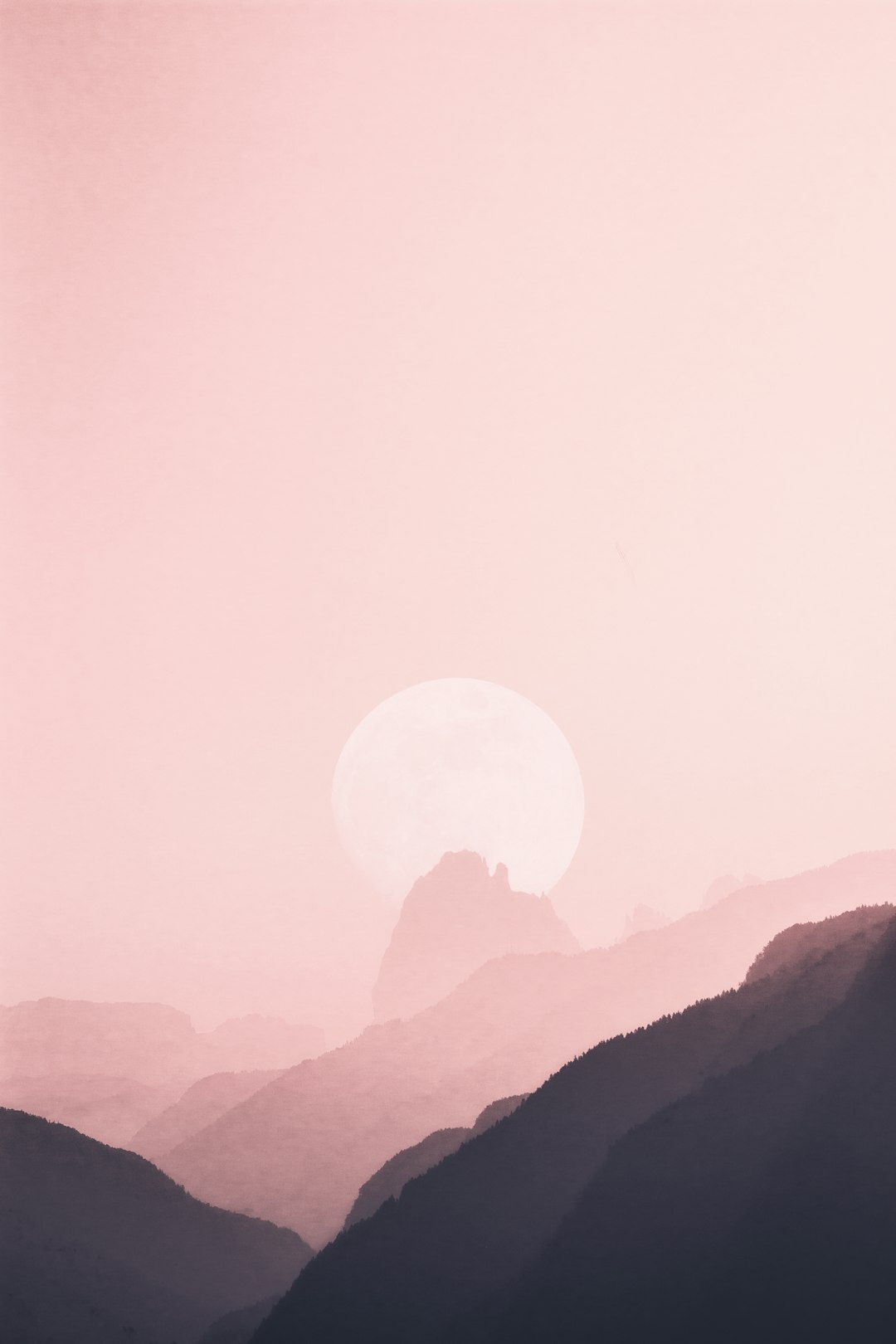 minimalist illustration of the moon setting behind mountains, soft pink sky, monochromatic –ar 85:128