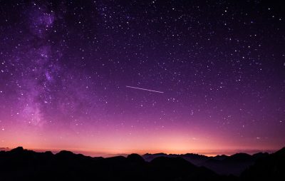 Starry sky, purple tones, shooting star, silhouette of mountains in the distance, high definition photography --ar 128:81