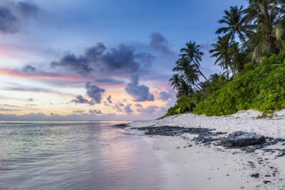 A serene beach in the Maldives at sunset, with palm trees and white sand, overlooking an island. The sky is painted with hues of pink, orange, blue, and purple as clouds gently float. In front stands a small rocky outcrop on which lush green vegetation grows. A gentle breeze rustles through the leaves creating calm waves that dance along the shoreline. This scene captures the tranquility and beauty of nature's embrace. --ar 128:85