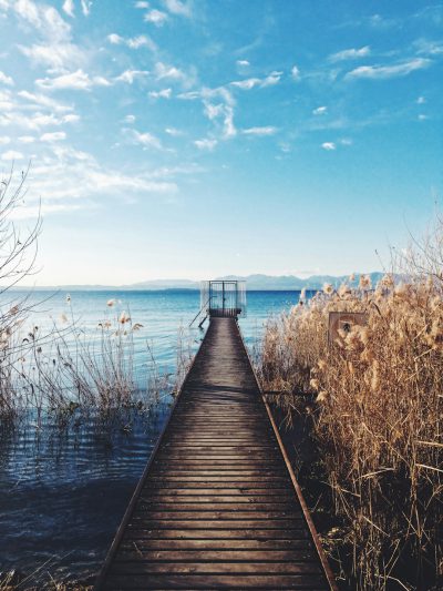 Wooden bridge leading to the lake, reeds on both sides of the wooden walkway, clear blue sky and white clouds in winter, calm sea surface, distant mountains faintly visible under the blue sky, perspective composition, natural scenery, wideangle lens, soft side lighting, static atmosphere, tranquility. in the style of --ar 3:4