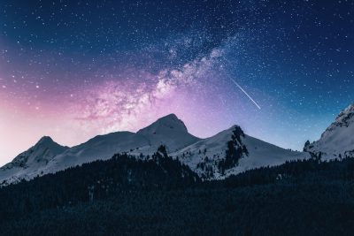 Beautiful night sky with stars and a shooting star over snowy mountains, with a purple pink and blue color gradient, a forest landscape, in the style of high resolution photography. --ar 128:85