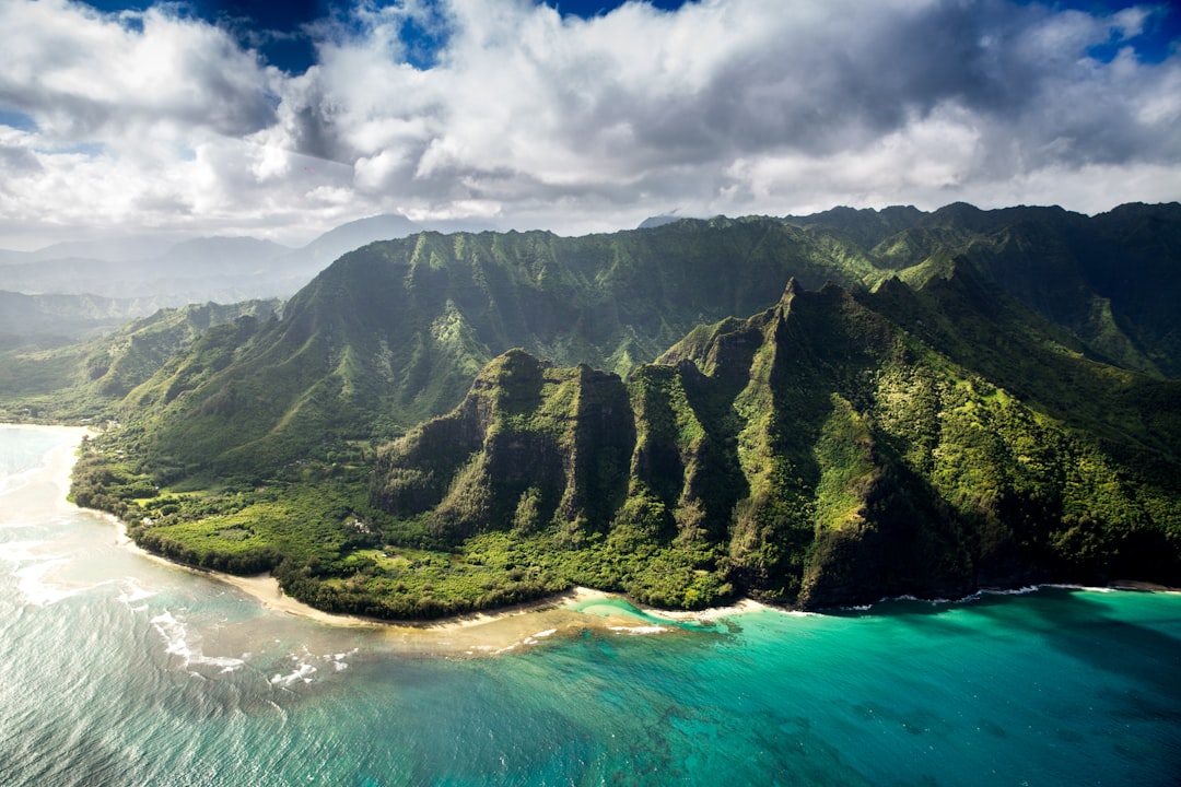 a wide angle aerial view photograph of the hawaii mountains and ocean, with lush greenery, cinematic photography style by [Roger Deakins](https://goo.gl/search?artist%20Roger%20Deakins) –ar 128:85