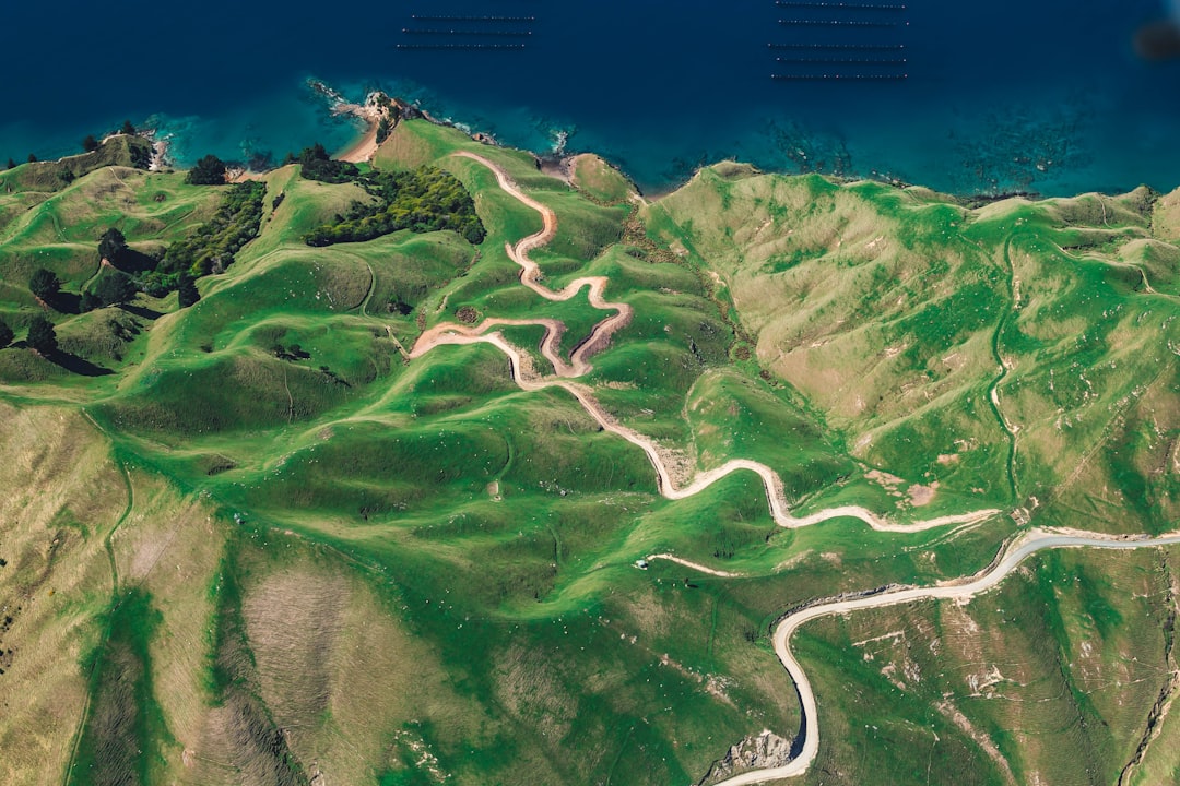 Aerial view of green hills and ocean, winding roads on the mountain top in New Zealand , white road lines, photorealistic landscapes, aerial photography, aerial view, photorealism, natural light, hyper realistic –ar 128:85