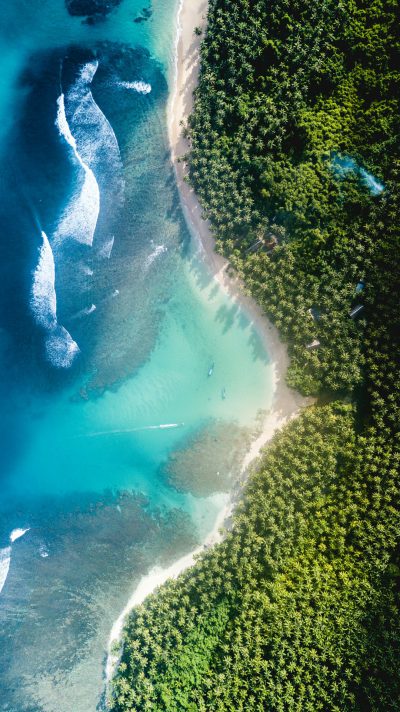 Aerial view of the lush green jungle meeting crystal clear turquoise waters at SYESittal beach in Mon magnific, papua new guinea, perfect for surfing and sunbathing. The white sandy beaches reflect sunlight, creating beautiful ripples on the water surface. In winter, snowflakes dance gracefully above the trees, adding to its natural beauty. High resolution photography in the style of hyper realistic. --ar 71:128