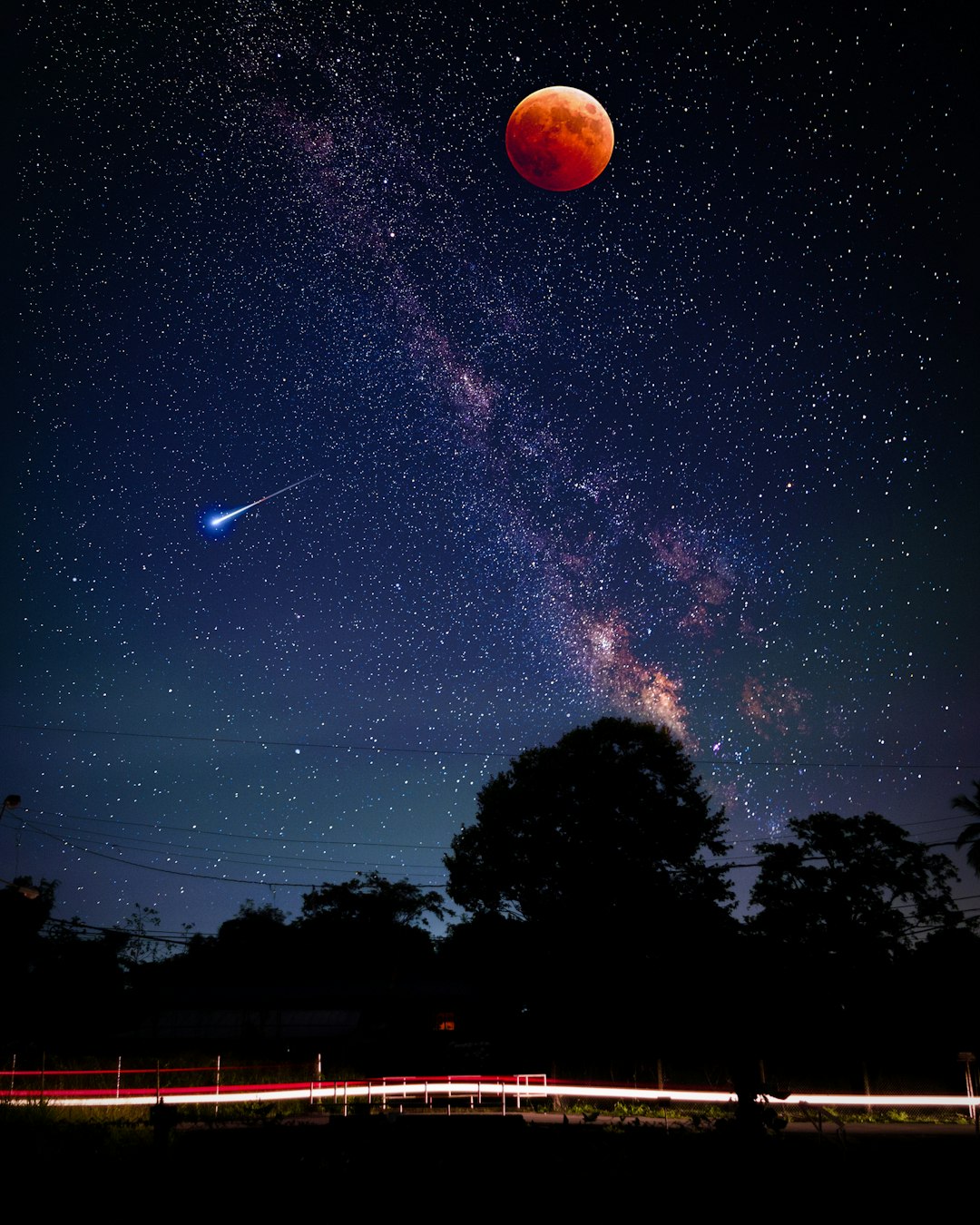 In the night sky, there is an eclipse and a red moon hanging in front of it. The Milky Way stretches across the starry background with its silver light, while a shooting star shines on top of trees next to a country road. This scene has high resolution, wide angle lens, long exposure effect, starlight reflection, sharp contrast between colors, and spectacular scenery. It presents mystery, tranquility, grandeur, beauty, and wonderland in the style of mystery, tranquility, grandeur, beauty, wonderland. –ar 51:64