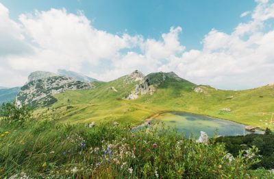 beautiful green mountains with lake in the middle, flowers and grass on foreground, sunny day, blue sky, film photography style, shot by Hasselblad X2D, candid moment, natural light, high resolution, cinematic still, low angle --ar 128:83