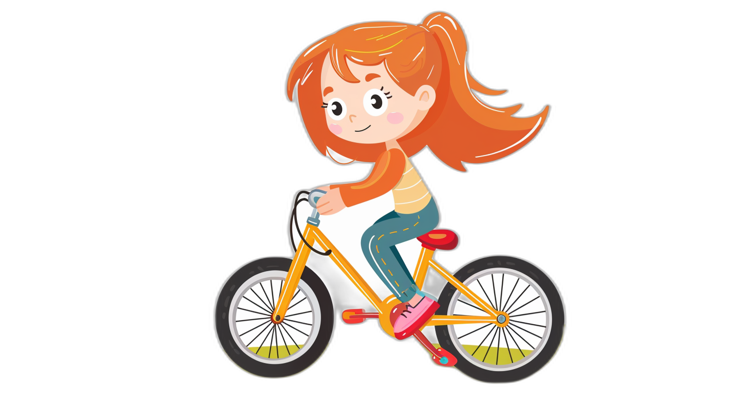 Cute girl riding bicycle, simple flat vector style illustration on a black background, cute cartoon character design of a girl with red hair with orange streaks and blue eyes, wearing a simple white t-shirt with light pink jeans and a yellow helmet, using bright colors, showing the full body and white collar of the shirt, a cartoon illustration in the style of a colorful animation still, sketchfab cartoon scene.