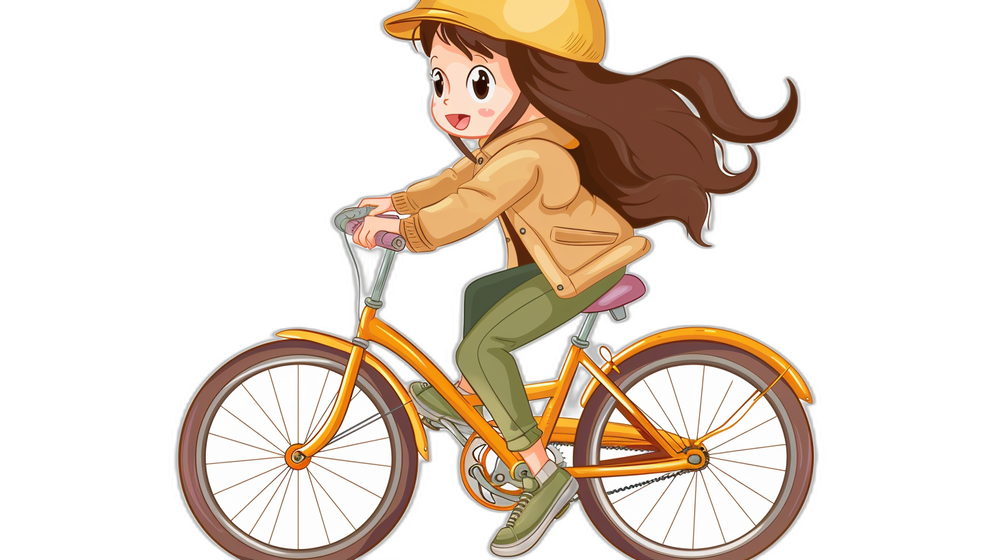 A cute girl riding a yellow bicycle with a simple background in the style of anime. The illustration uses simple lines and is a vector flat design with a black background. It is a full body portrait of the girl wearing a helmet and jacket with green pants and brown hair. She has a smiling face. The image has high quality, high resolution with professional studio lighting and photography. Professional color grading provides high details and precision with sharpness. The style is hyperrealistic and hyper detailed.