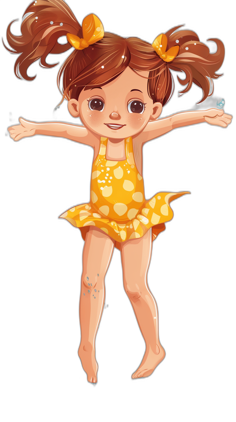 Cute little girl wearing a yellow polka-dot swimming suit, with brown hair in two pigtail buns, jumping up and down with a happy expression against a black background, in the cartoon style, as a cute flat illustration full body portrait with high definition details and super resolution rendering.