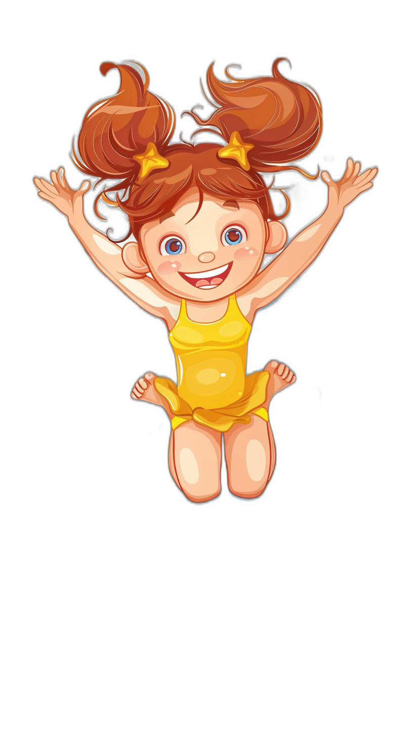 A little girl with brown hair in pigtails is jumping up and smiling, wearing a yellow swimming suit. This is a vector illustration for a children’s book, with flat colors and a full body shot against a black background. The style is reminiscent of classic children’s book illustrations.