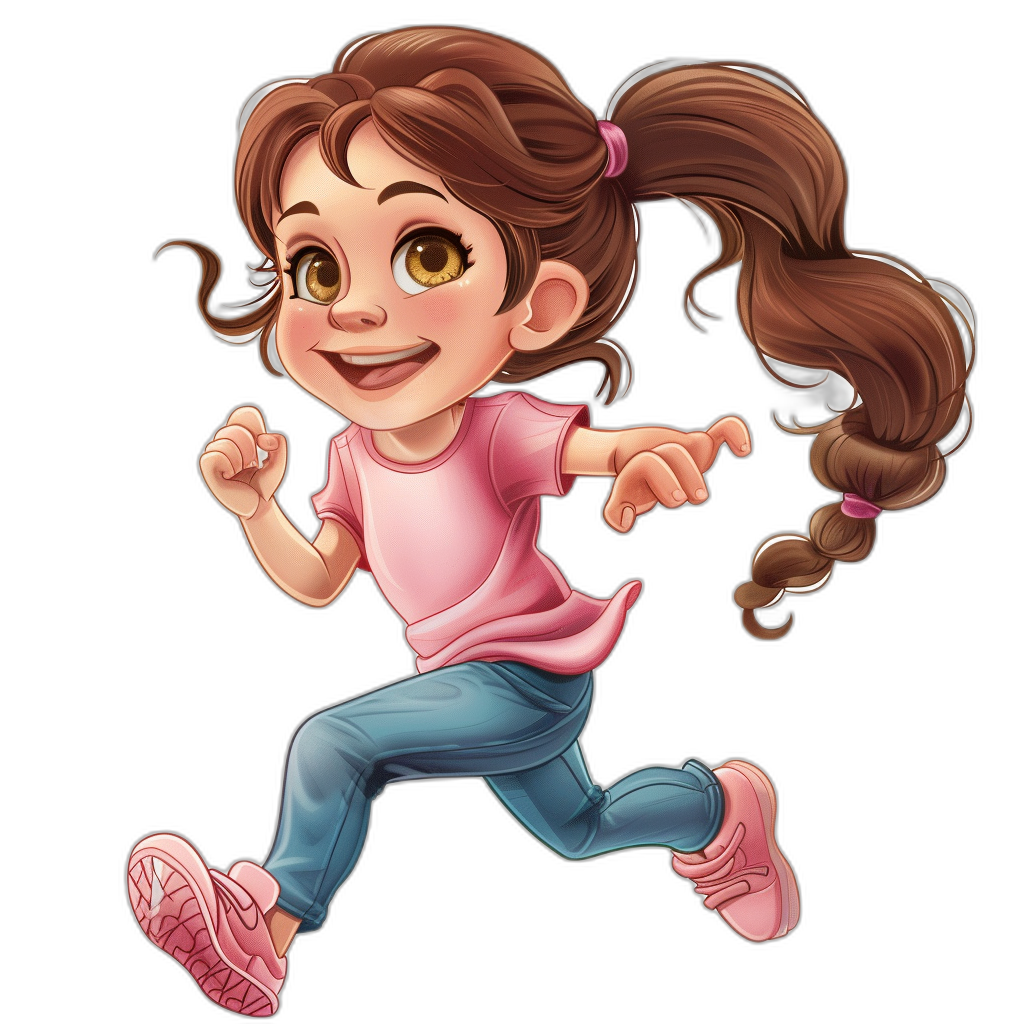 A cute cartoon girl with brown hair in pigtails, wearing blue jeans and a pink shirt running for fun on a black background in the style of unknown artist.