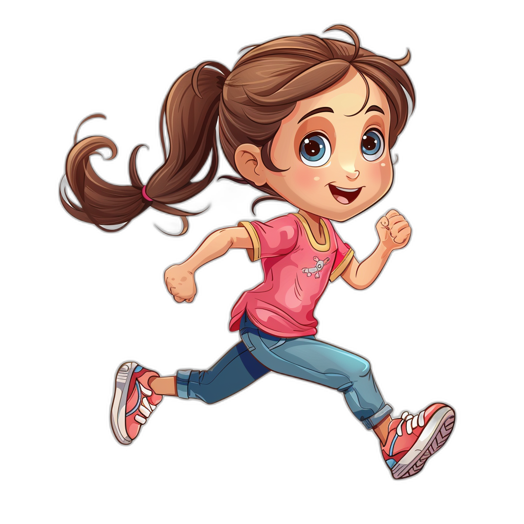 A cute little girl in a pink shirt and blue jeans is running in the style of a vector cartoon illustration on a black background. She has brown hair with pigtails tied in a ponytail style, big eyes and a smiling face. She is wearing red sneakers. The illustration is high resolution and highly detailed.