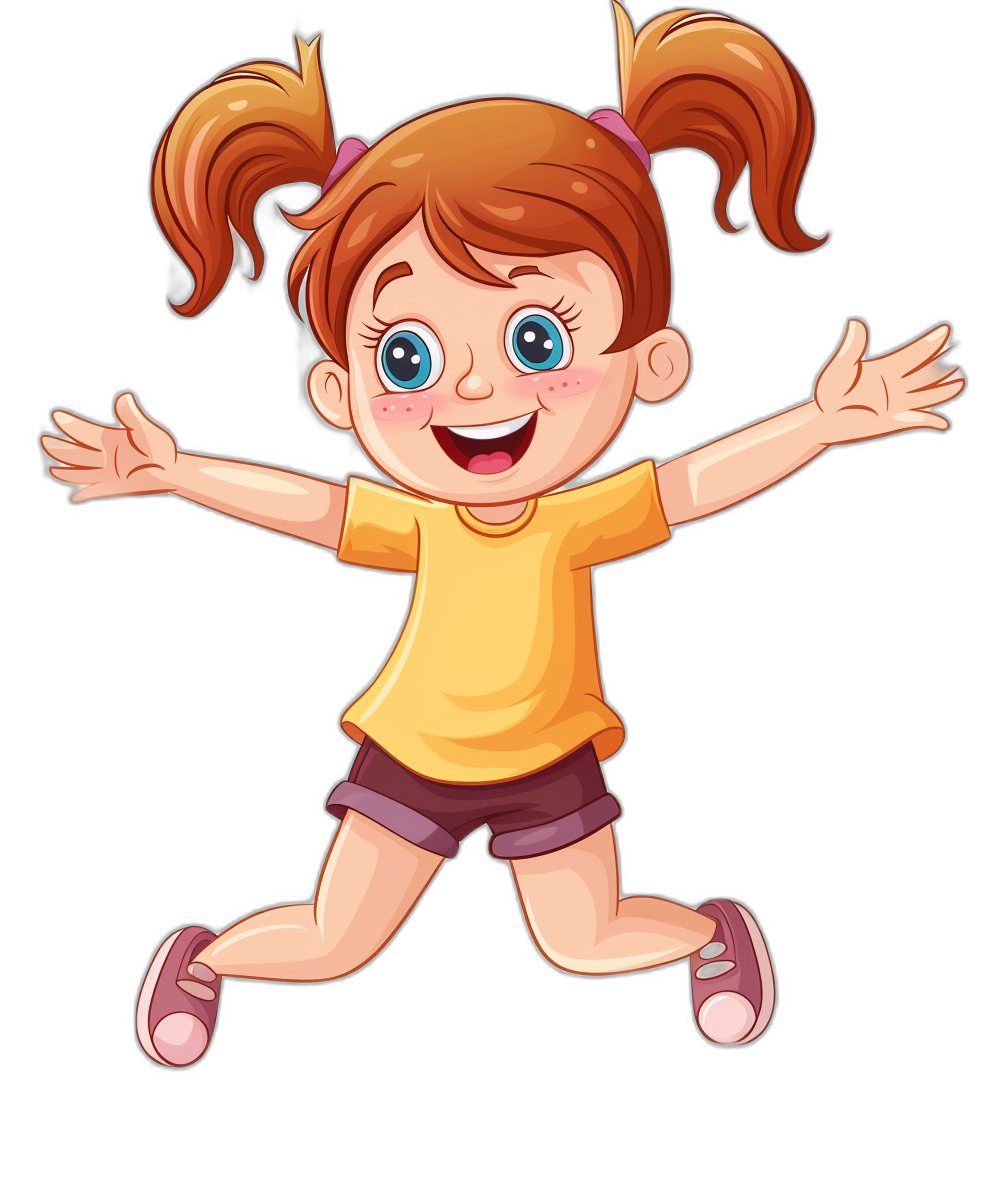 A cute happy girl with pigtails jumping in the air, clip art style cartoon illustration on a black background. The illustration is in the style of clip art.