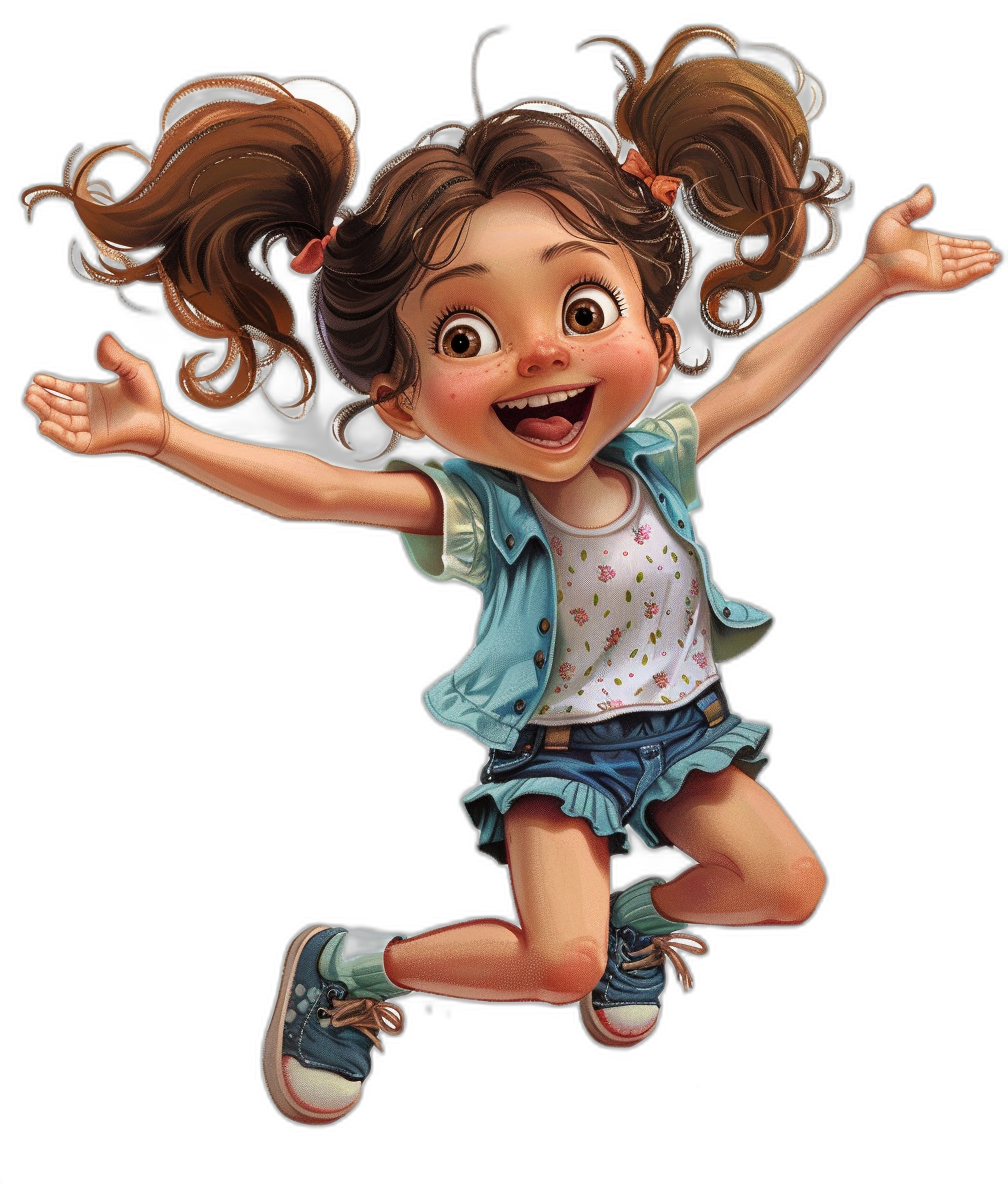 A cute little girl with pigtails is jumping in the air, in the style of Disney with big eyes and cheerful expressions, wearing casual  and shoes, full body portrait, black background, high definition details, bright colors, lively movements, smiling faces. A festive atmosphere.