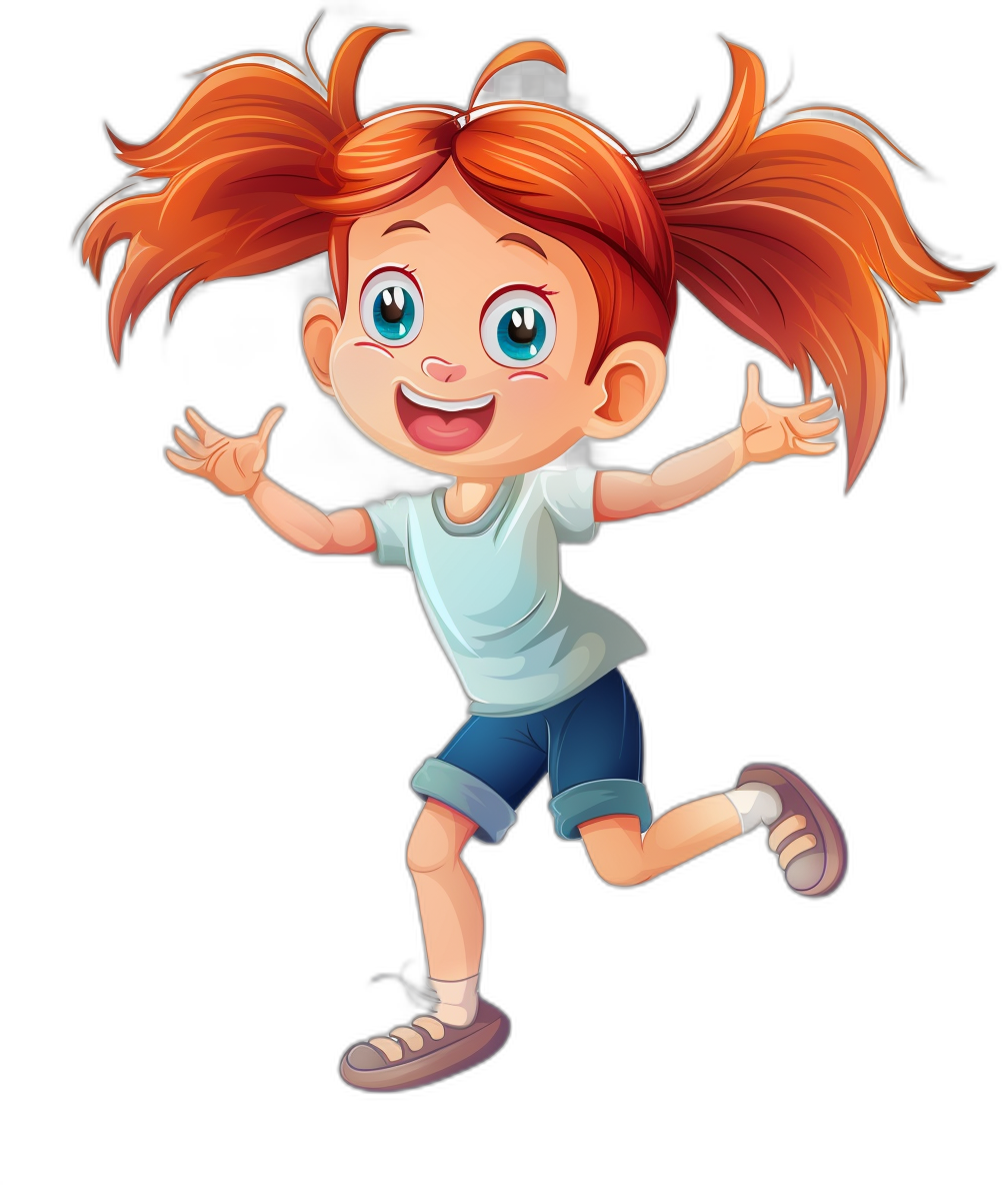 A cute little girl with red hair in pigtails, wearing blue shorts and a white t-shirt is jumping for joy. She has big eyes in the style of a Disney Pixar cartoon style on a black background, clipart.
