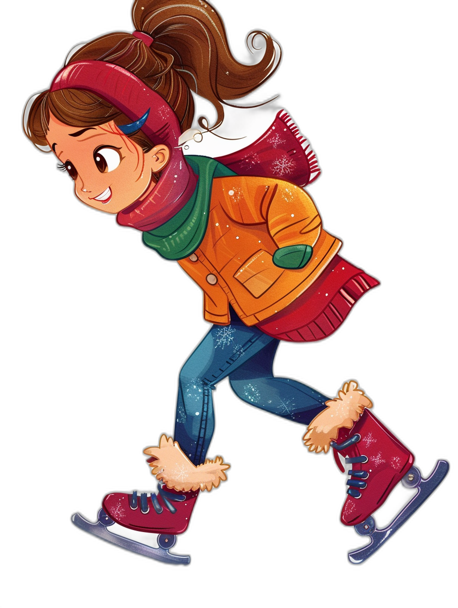 A cute girl ice skating in the style of clip art, cartoon illustration in the flat color, vector design style, colorful, showing her full body figure against a black background, this high resolution, high detail, high quality, high definition image has high sharpness and high contrast, is highly detailed with a high dynamic range, and looks as if captured with high natural light like a professional photo.