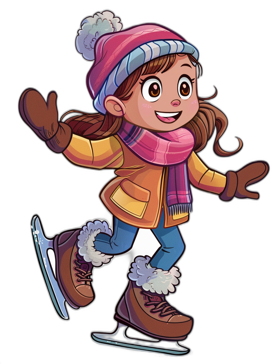 A cartoon girl ice skating in a clip art style, with a simple colorful drawing against a black background. She has a cute and happy expression while wearing a winter hat, scarf, gloves and jacket. A full body portrait shows her with ice skates on her feet, in the style of clip art.