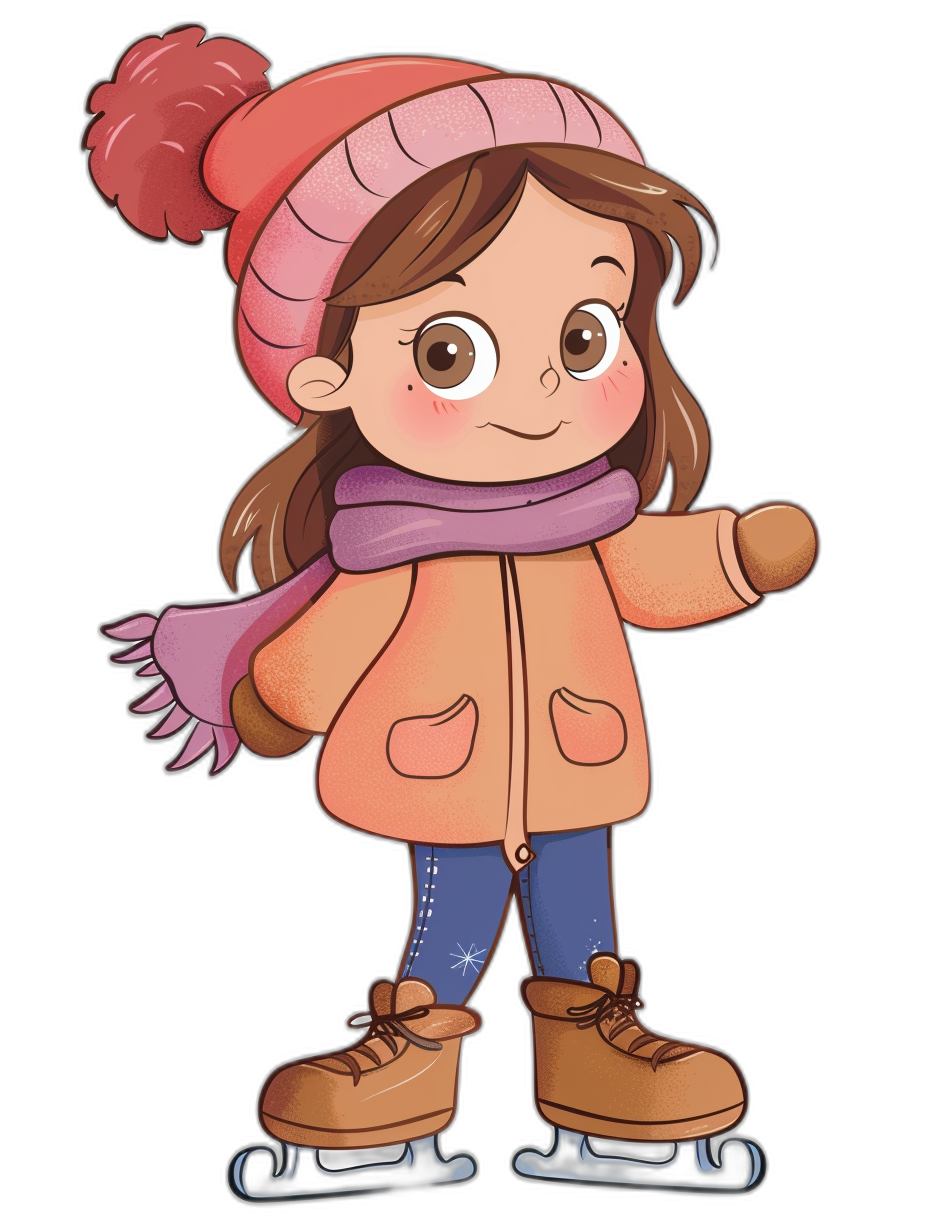 A cute little girl wearing ice skating shoes, clip art style with simple strokes and black background, wearing an orange jacket, pink hat on head, purple scarf around neck, brown hair, big eyes, happy expression, cartoon character design style, full body portrait, cartoon illustration style, high definition resolution, 2D flat cartoon design.