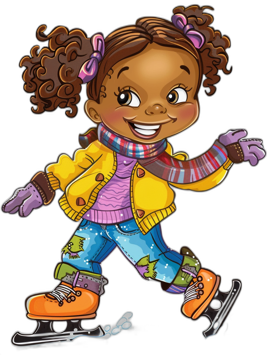 Cute cartoon illustration of an African American girl ice skating, wearing winter and gloves with black background. She has curly hair in pigtails and is smiling joyfully. The character should be depicted from the waist up, showcasing her full body including shoes. Emphasize vibrant colors to bring out their personality. This design will create a charming scene that brings together elements like adventure, snowflakes, cozy , playful poses, and festive atmosphere. vector art style