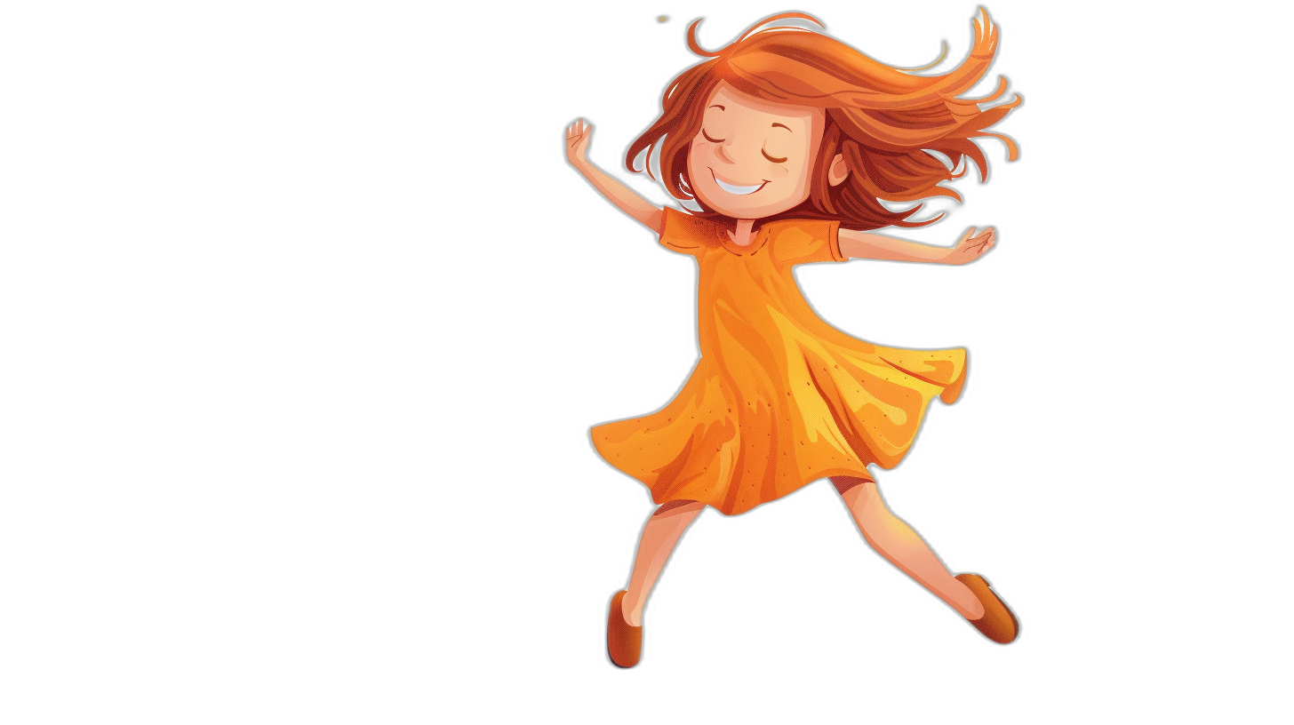 A cute little girl in an orange dress is jumping up and down, smiling happily with her eyes closed, in the style of a cartoon with simple lines. It is a vector illustration with a black background and simple details in a 2D flat design. The image is a high resolution, high quality, high detail vector illustration in the style of a professional artwork.