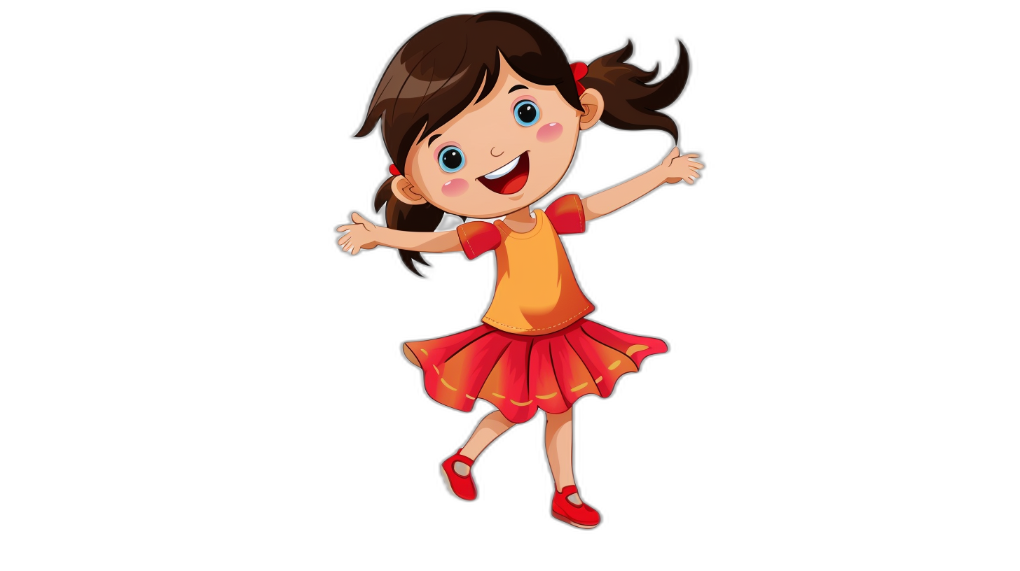 A cute girl in a red skirt and orange t-shirt is dancing with a smiling face. She has brown hair and blue eyes. The cartoon character should be in a full body view with no shadows or gradients on a black background. The illustration style should be simple and flat with just pure colors. There should be no text on the design. Please create an ultrarealistic cartoon of her in the style of Pixar animation, isolated on a white background without any shading techniques such as shadings or shadows.