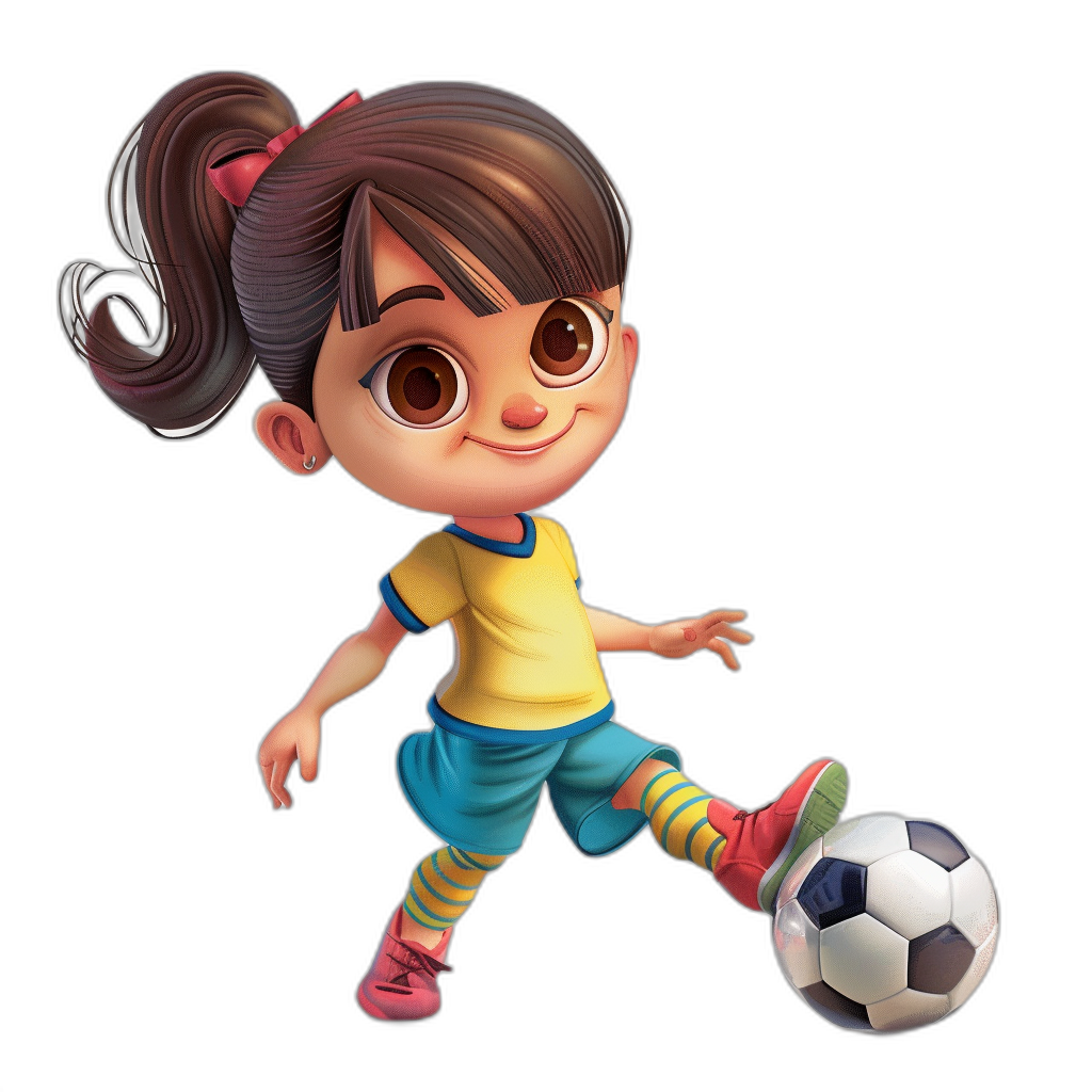 A cute little girl playing football in a cartoon style with Disney Pixar animation character design on a black background showing her full body. She is wearing yellow and blue short sleeves with pink shoes on her feet. She has brown hair in pigtails and big eyes. The ball is beside the foot of one leg. The image is very detailed and colorful.