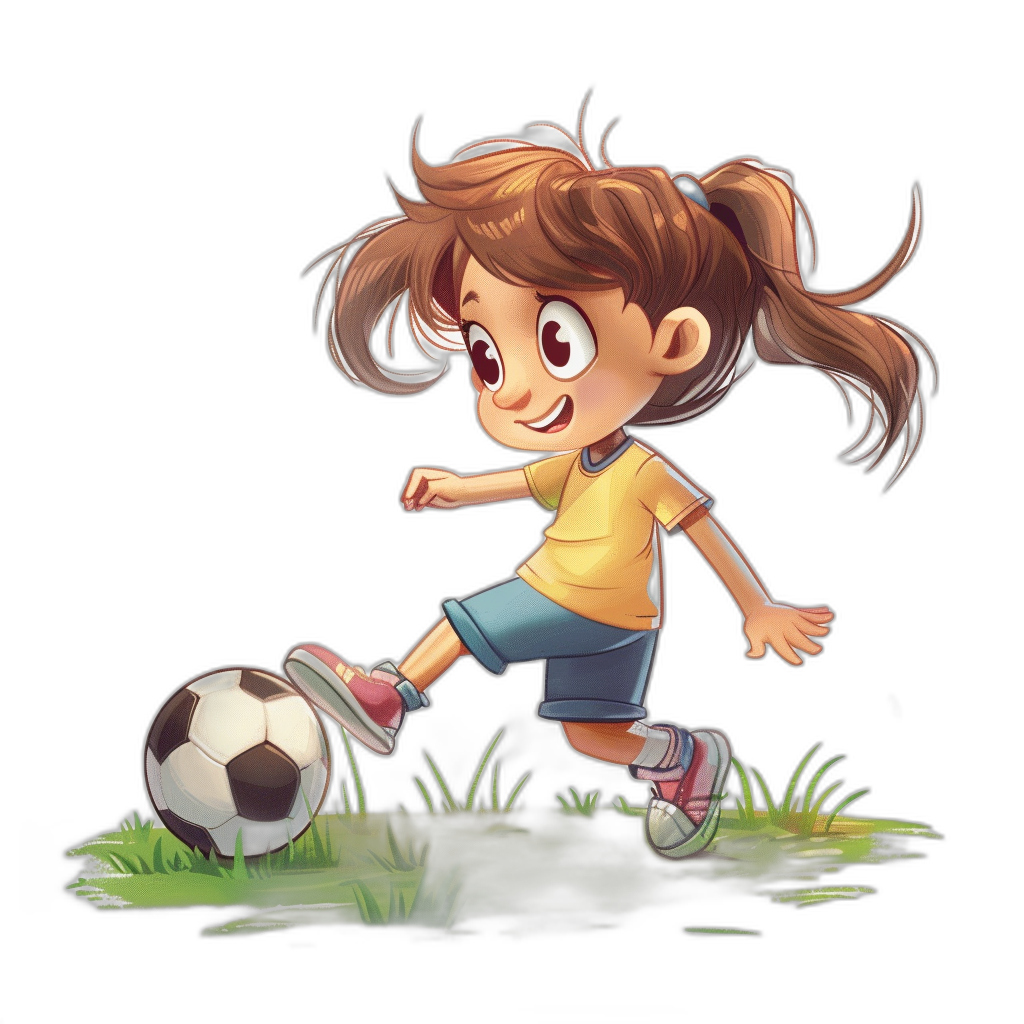 A cute little girl playing soccer in the style of cartoon, vector design, black background, high resolution, high detail, high quality.