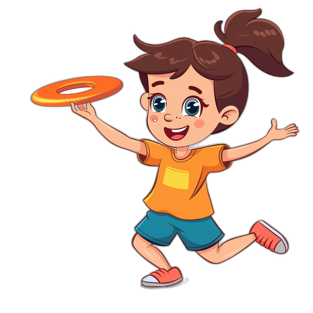 a cute cartoon girl playing frisbee, vector illustration with black background, colorful, high resolution