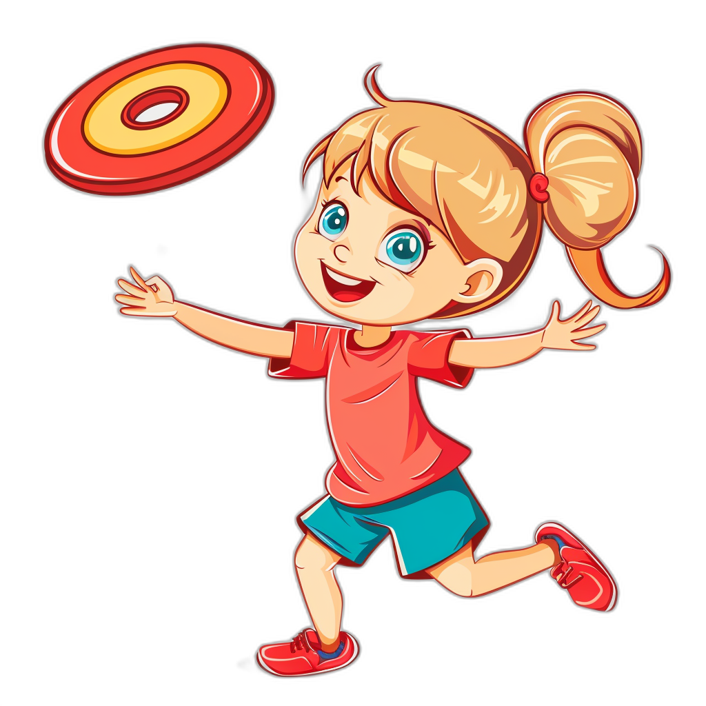 A cute happy girl in a red shirt and blue shorts playing frisbee, vector illustration with a black background in the style of.