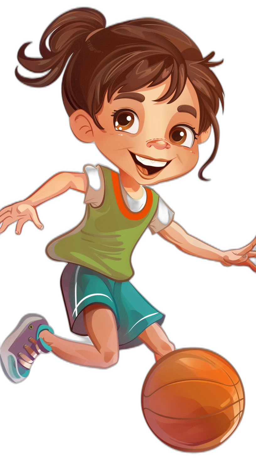 A cute little girl is playing basketball, smiling happily, wearing green and blue shorts with short sleeves on her upper body, sports shoes, simple background, in the style of a cartoon, high definition, colorful colors, black background, flat illustration, cartoon character design, full of vitality. A beautiful dark haired woman is running forward to catch the ball, in the style of an oil painting, with brown hair tied behind her head.