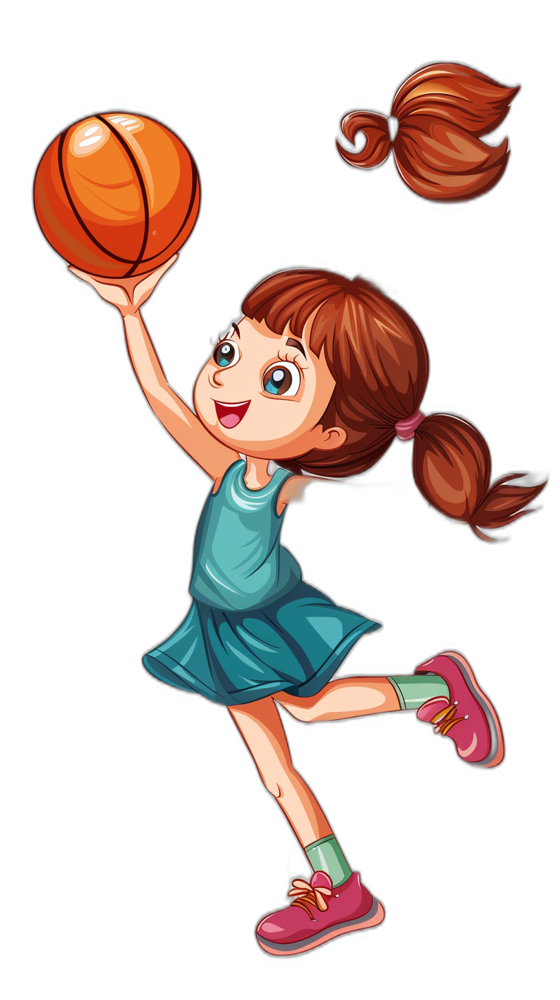 A cute little girl is playing basketball in the style of a vector illustration. She is in a simple cartoon drawing with a solid black background. The girl is wearing a blue dress and pink shoes, jumping up to shoot the ball with one hand raised high. She has long brown hair tied in pigtails, big eyes, a smiling face, red cheeks, and a light skin tone. It is a flat color illustration showing her full body. The drawing uses simple lines and details with simple coloring.