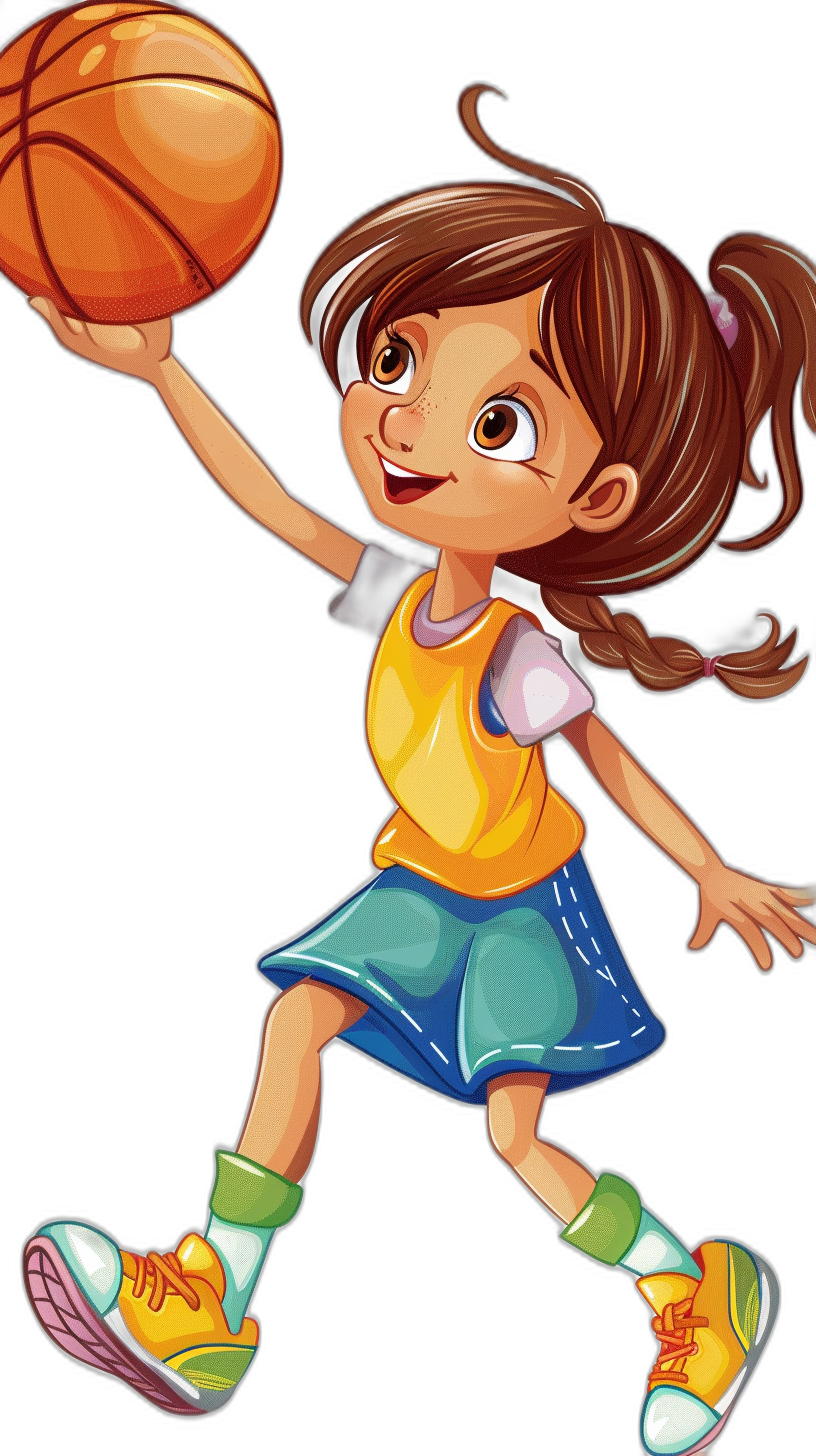 A cute little girl playing basketball in a cartoon style. This vector art is simple, fun and energetic with a black background. She is wearing a yellow shirt with a blue skirt and white shoes, holding the ball in one hand ready to shoot it into the net. She has brown hair that is tied back in pigtails and also wears a headband on her forehead. Her eyes have long eyelashes, a very big smile, and bright pink lips. The overall vibe of the character will be cheerful and charming. It is a full body shot.