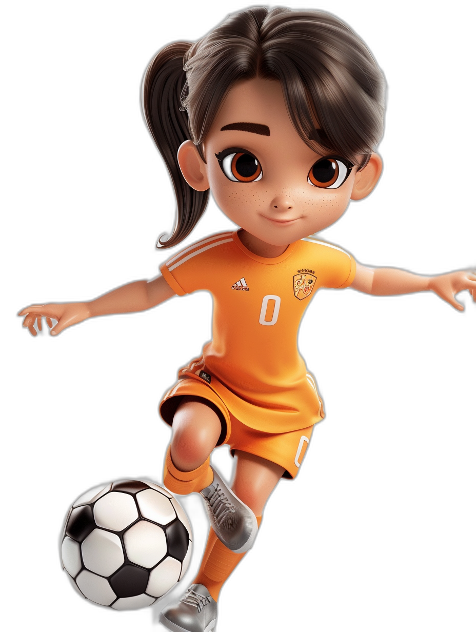 An illustration of a cute young girl in an orange soccer jersey playing football, full body, on a black background, in the chibi style, in the style of Disney Pixar cartoon characters, a 3d render, character design for a game, with big eyes, long eyelashes, high resolution, very detailed, high definition.