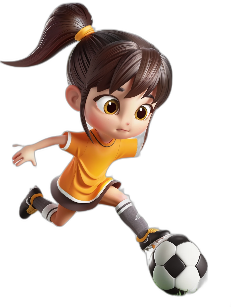 Cartoon style, cute little girl playing football in a mobile game art style, full body shot, dark brown hair with a yellow ponytail and bangs, wearing an orange t-shirt and black shorts, kicking a soccer ball, isolated on a pure black background, 3D cartoon game character concept, in the style of Disney Pixar animation, rendered in zbrush, bright colors, soft light, high resolution, high details, best quality