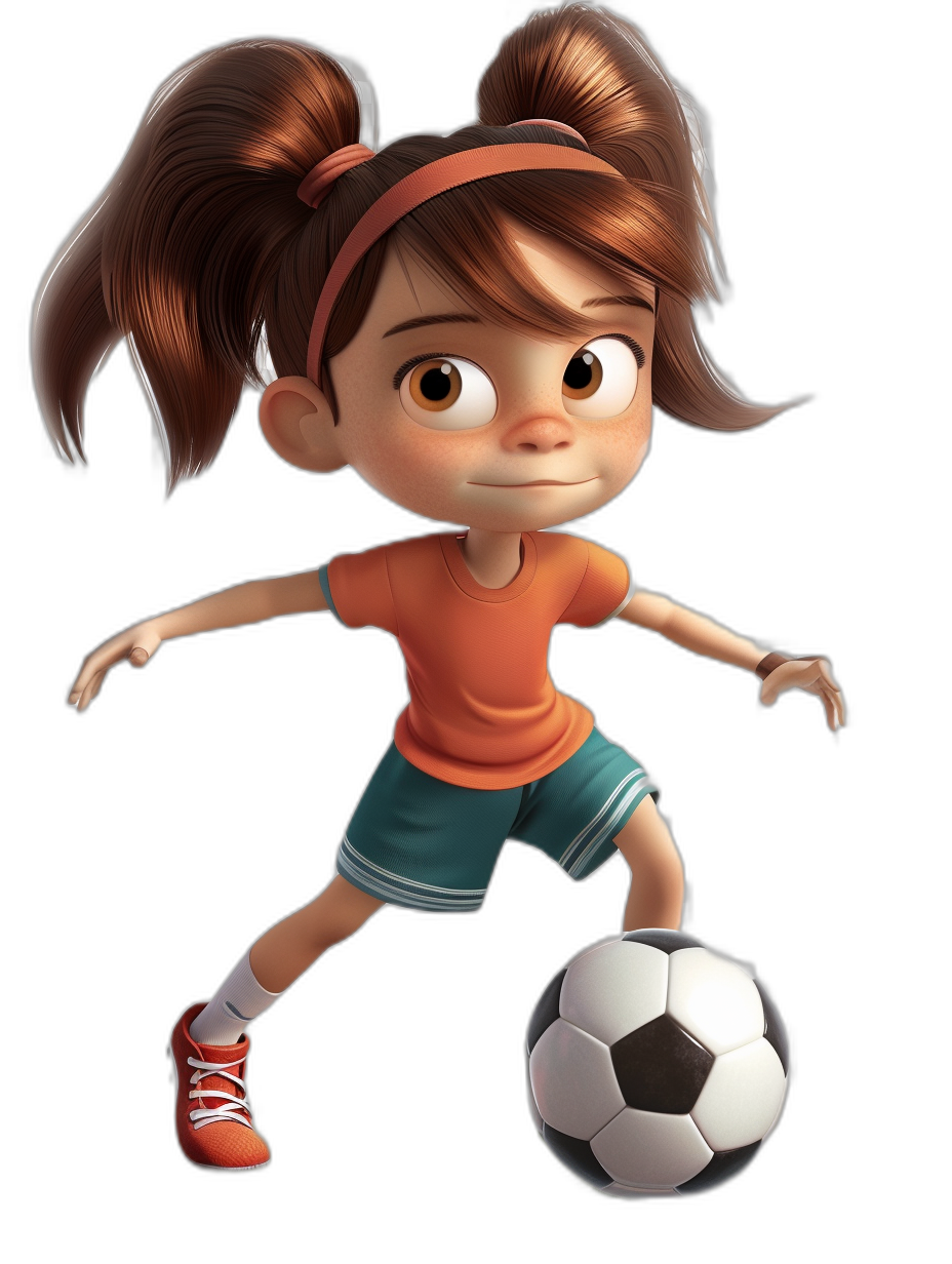 Cartoon, Disney style cartoon girl playing soccer, cute little face with big eyes and brown hair in pigtails, wearing an orange tshirt, blue shorts and red shoes, full body shot, black background, high quality details, 3D rendering, Pixar animation style, cute character design, cute illustration, best detail, best resolution, best angle. She is holding the ball ready to shoot. The photo was taken from directly behind her. A cute woman plays football on one foot with both hands hanging down in the style of his side.