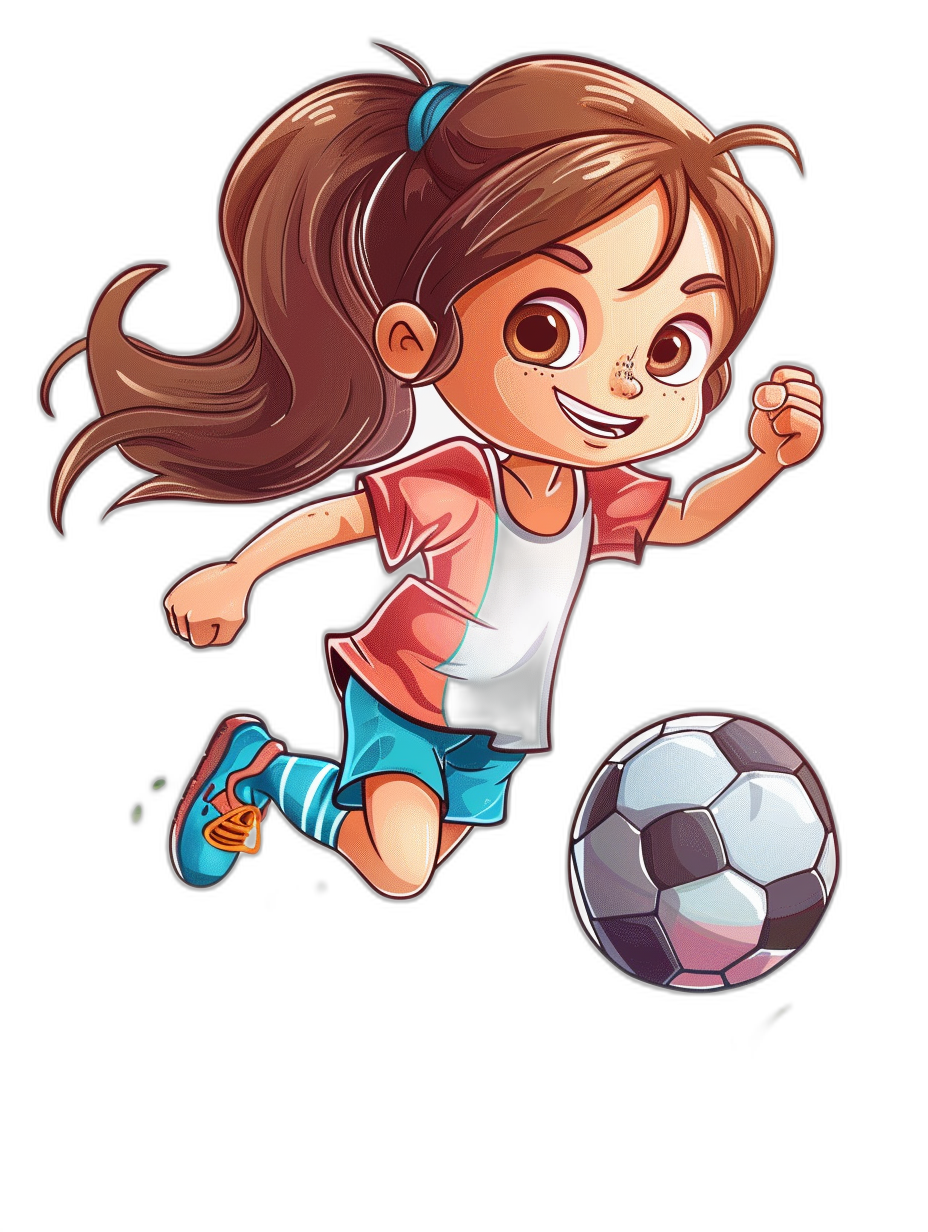 A cute girl playing soccer in a cartoon style vector illustration on a black background.