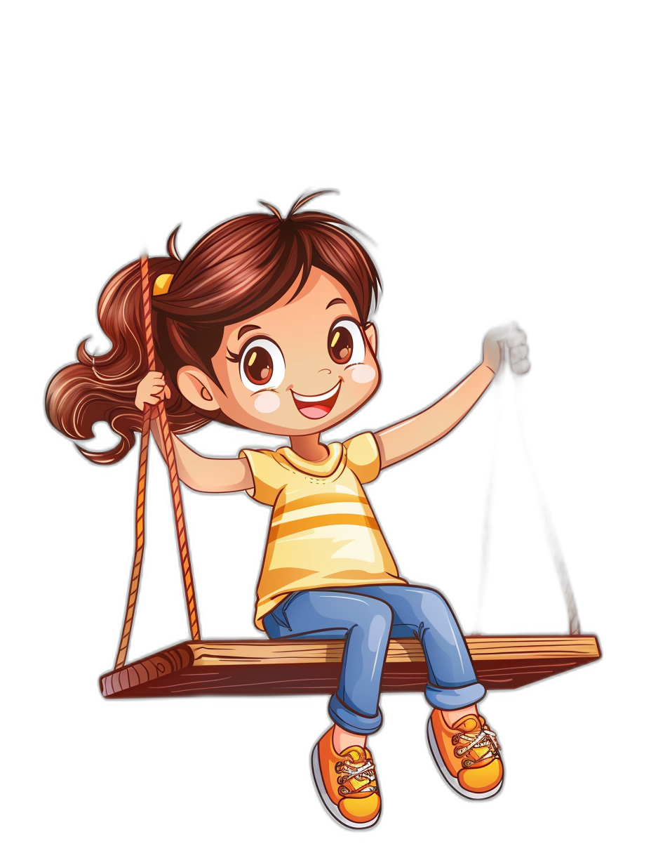 A cute little girl sitting on the swing, with a happy expression, in a simple drawing style, vector illustration, on a black background, in the style of a cartoon character design, with high resolution and high detail, and best quality.