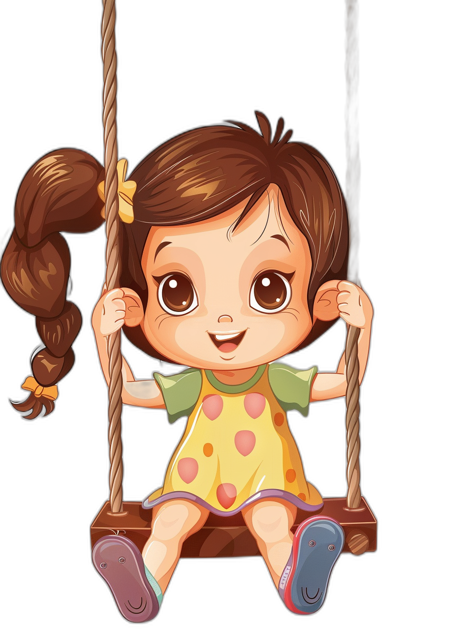 A cute little girl is sitting on the swing, smiling happily with big eyes, wearing yellow and green polka dot , brown hair in pigtails. The drawing is in the colorful cartoon style of simple lines and simple details against a solid black background, with high definition.