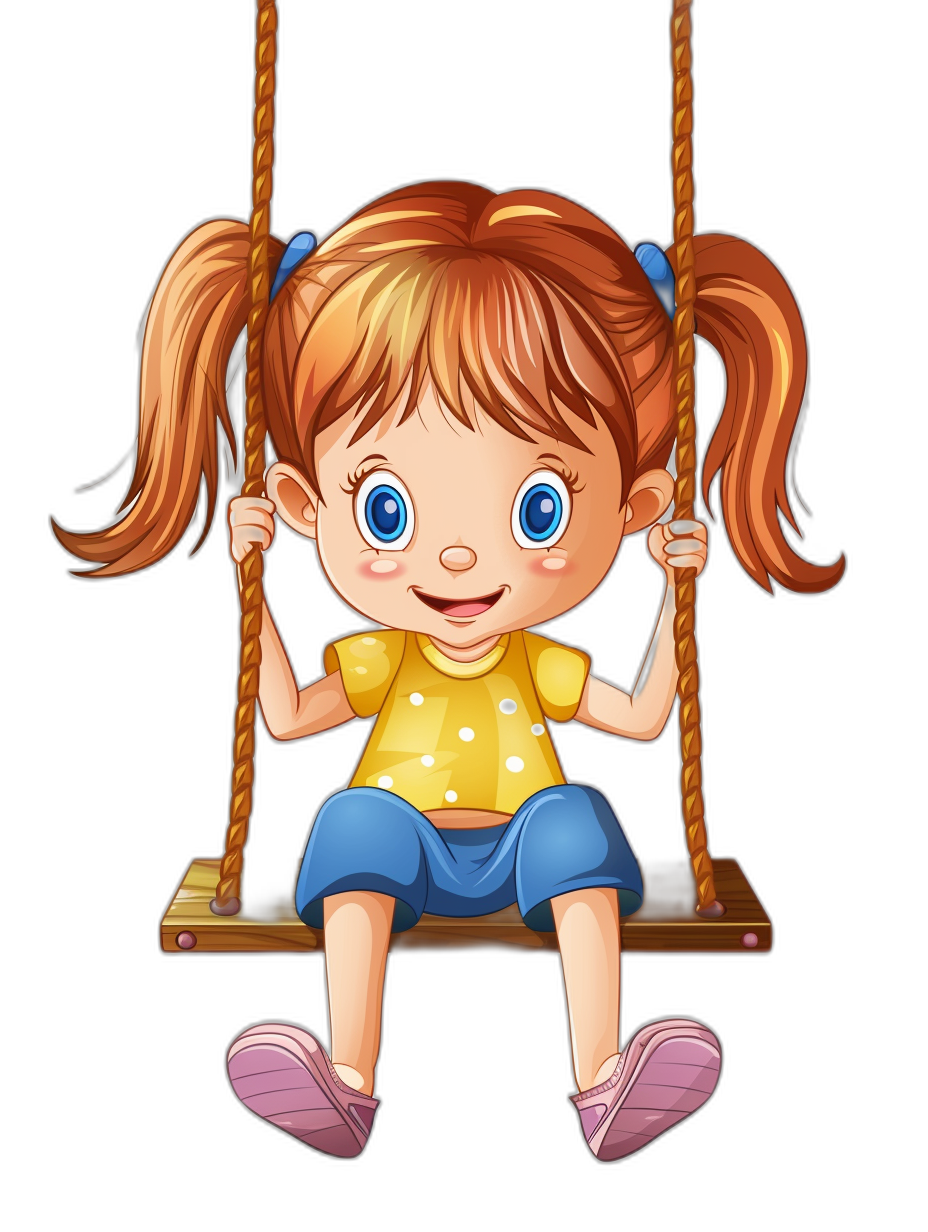 a cute cartoon of happy little girl sitting on the swing, blue eyes and long brown hair in pigtails , yellow tshirt with purple short pants isolated black background